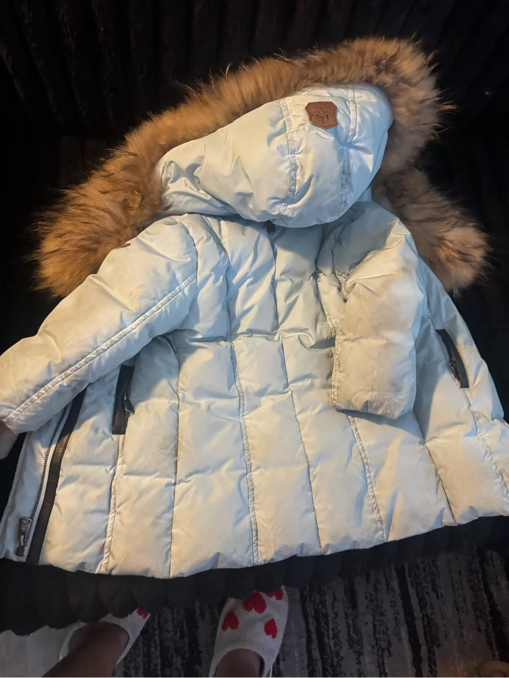 Girls' Light Blue Puffer Hood with Brown Faux Fur Trim